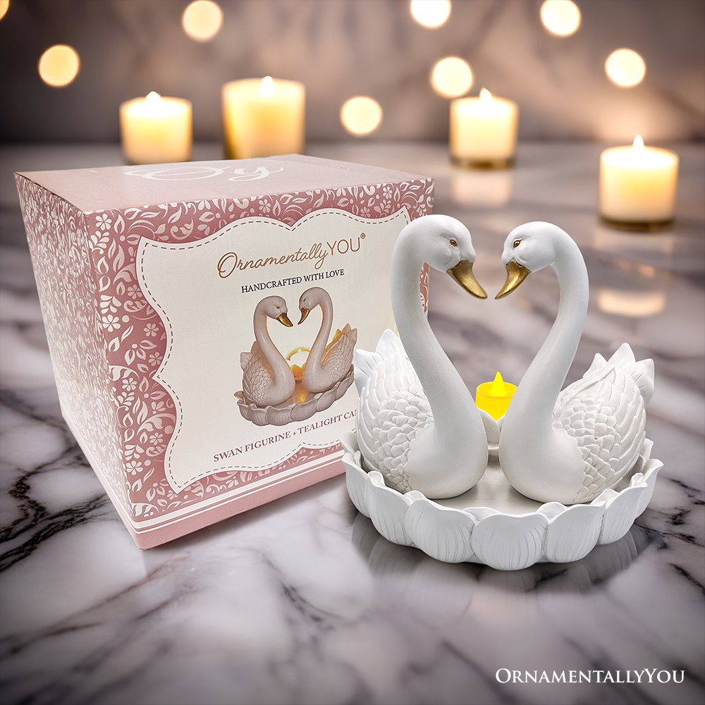 Elegance in Union Swan Figurine and Tealight Candle, 7" Romantic Couples Gift for Valentine or Anniversary Resin Statues OrnamentallyYou 