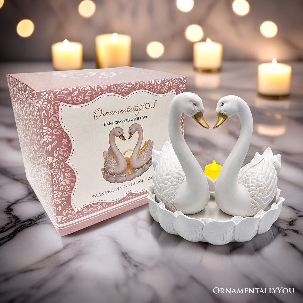 Elegance in Union Swan Figurine and Tealight Candle, 7" Romantic Couples Gift for Valentine or Anniversary