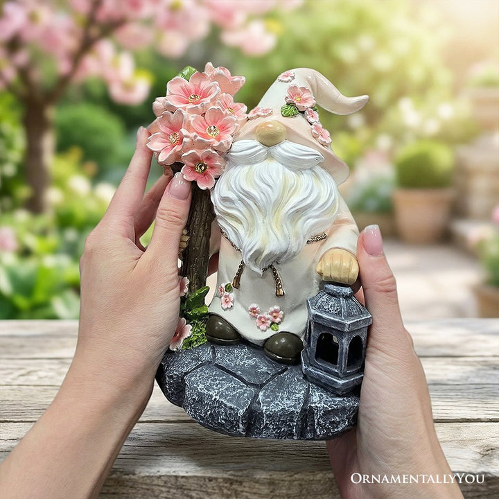 Cherry Blossom Gnome Solar Garden Statue, 8" Figurine and Floral Outdoor Decor Resin Statues OrnamentallyYou 