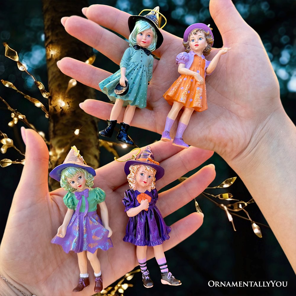 (Pre-Order) Classic Victorian Little Witch Girls Set of 4 Ornaments, Vintage Halloween Tree Resin Decoration Ornament Bundle OrnamentallyYou 