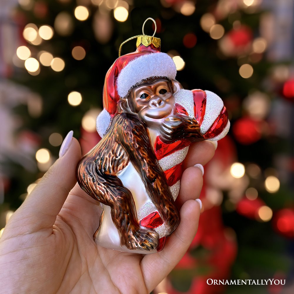 Cute Monkey with Candy Cane Glass Christmas Ornament, Adorable Chimp Holiday Tree Decor Glass Ornament OrnamentallyYou 