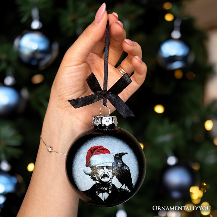 (Pre-Order) Edgar Allan Poe Spooky Christmas Portrait Glass Ornament, Black Horror Halloween Tree Decoration Round Glass Ball Ornament OrnamentallyYou 