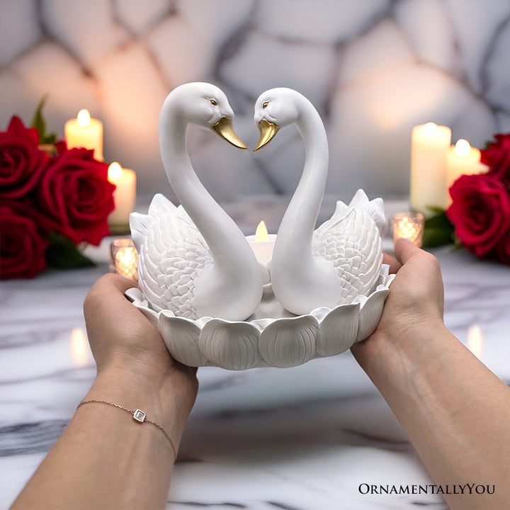 Elegance in Union Swan Figurine and Tealight Candle, 7" Romantic Couples Gift for Valentine or Anniversary Resin Statues OrnamentallyYou 