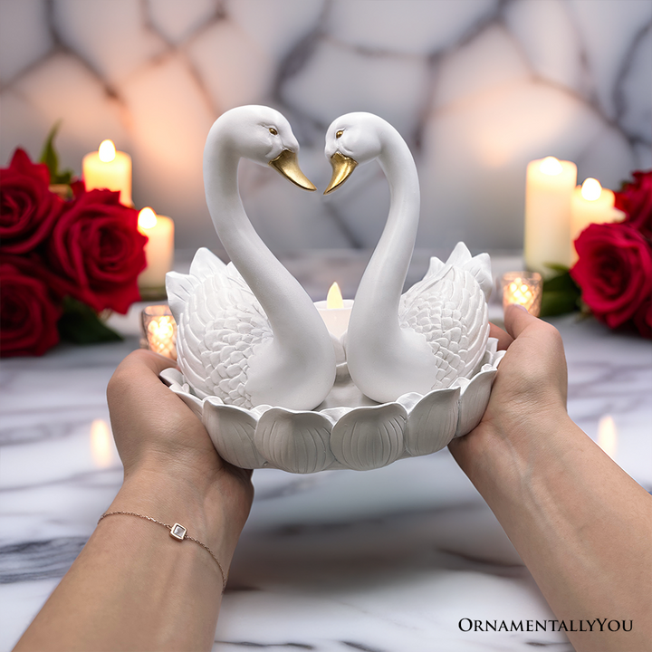 Elegance in Union Swan Figurine and Tealight Candle, 7" Romantic Couples Gift for Valentine or Anniversary