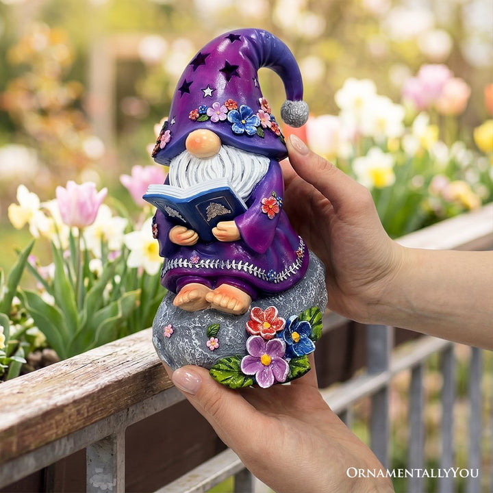 Enchanted Wisdom Solar Book Reader Gnome Figurine, 8" Lighted Lavender Purple Garden Statue Resin Statues OrnamentallyYou 
