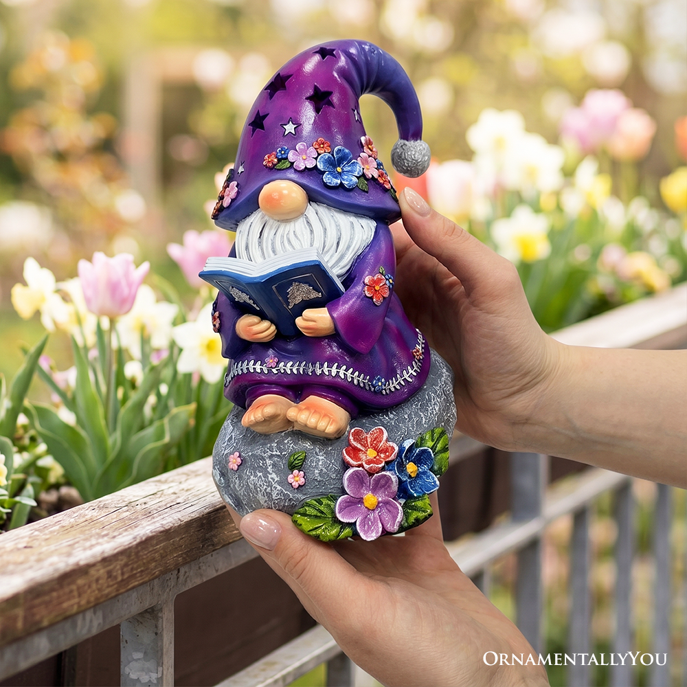 Enchanted Wisdom Solar Book Reader Gnome Figurine, 8" Lighted Lavender Purple Garden Statue