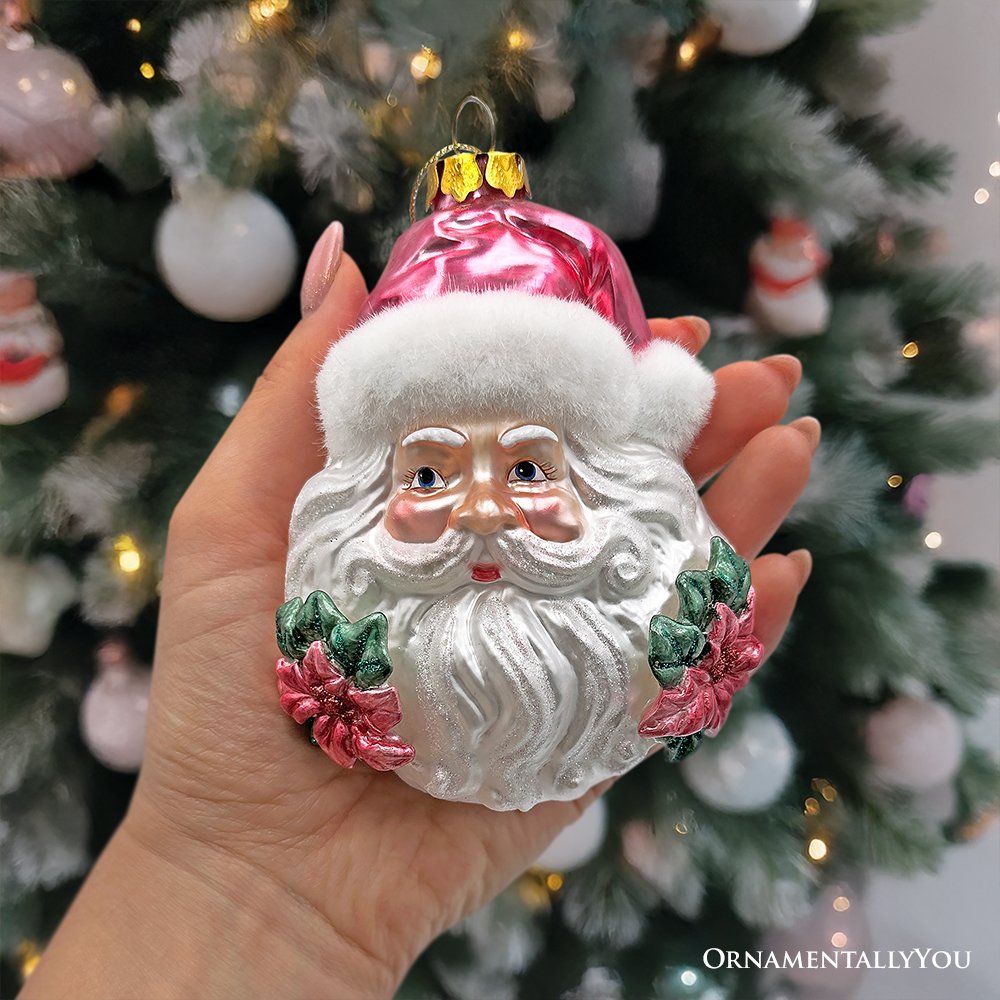 Enchanting Pink Santa Head Glass Ornament, Vintage Christmas Tree Decor Glass Ornament OrnamentallyYou 