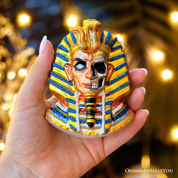 Evil Egyptian Pharoah Half Skull Head Glass Ornament, Gothic Halloween Tree Decor Glass Ornament OrnamentallyYou 