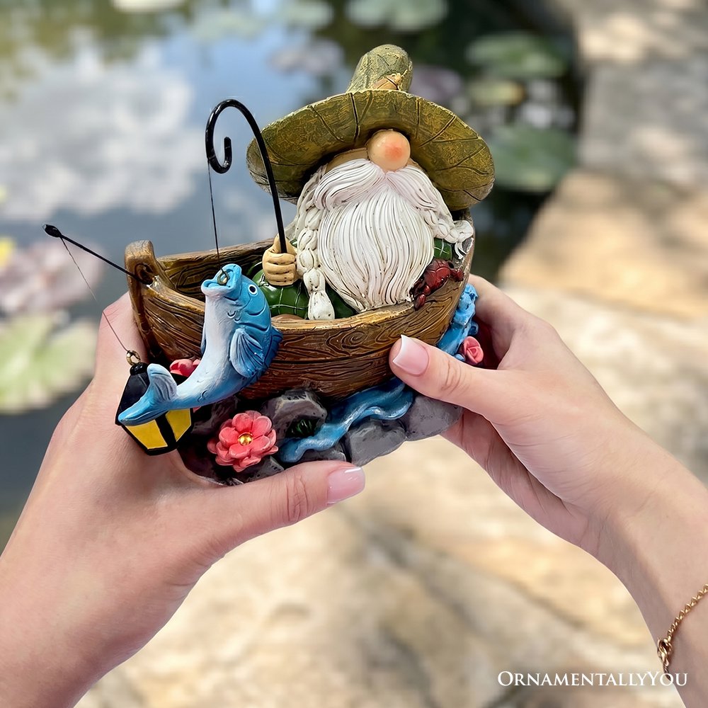 Fishing Gnome with Lantern Garden Statue, 6" Lighted Dwarf Figurine Outdoor Decor Resin Statues OrnamentallyYou 