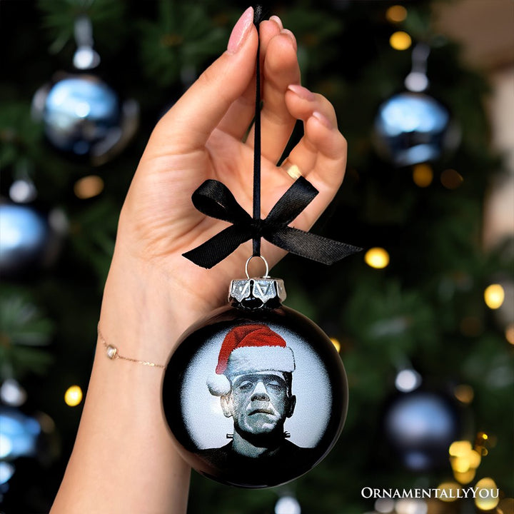 (Pre-Order) Frankenstein Christmas Spooky Portrait Glass Ornament, Black Horror Halloween Tree Decoration Round Glass Ball Ornament OrnamentallyYou 