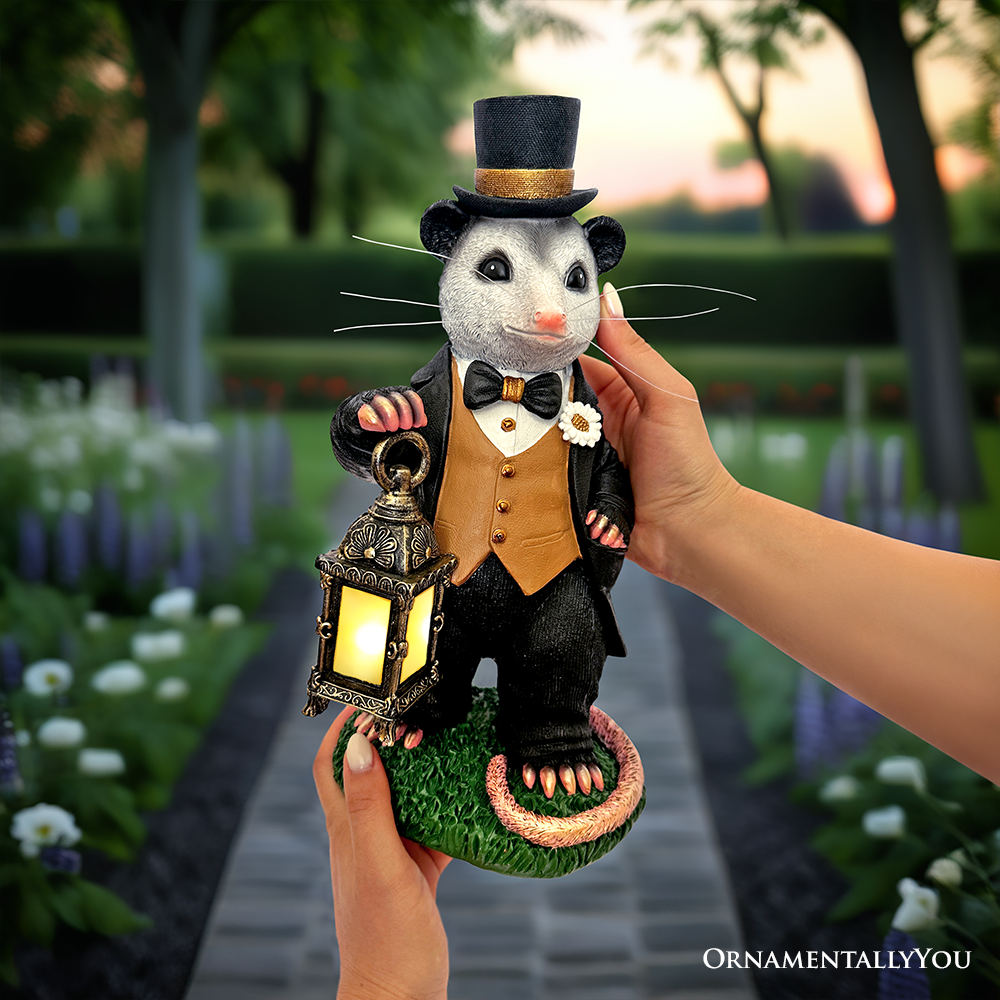 (Pre-Order) Gentleman Opossum the Victorian Nightcrawler with Solar Powered Lamp Statue, 13" Lighted Garden Statue