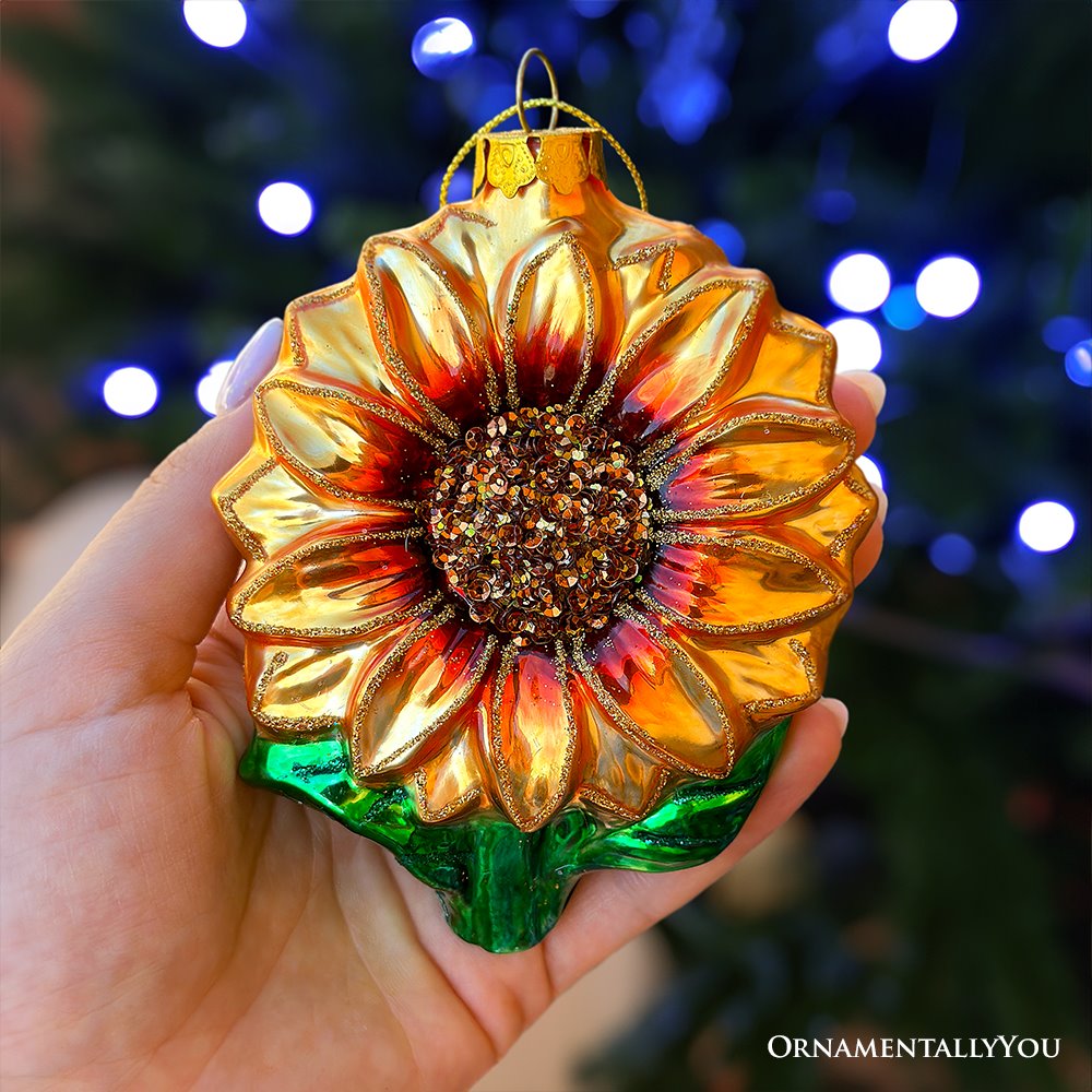 (Pre-order) Glossy Charming Sunflower Glass Christmas Ornament, Flower Holiday Decor Glass Ornament OrnamentallyYou 