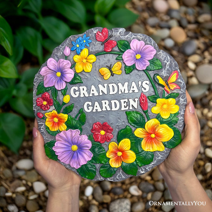 Grandma’s Garden Floral Stepping Stone, 9.5" Decorative Outdoor Decoration Resin Statues OrnamentallyYou 