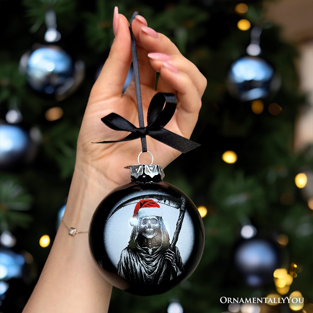 (Pre-Order) Grim Reaper Christmas Spooky Portrait Glass Ornament, Black Horror Halloween Tree Decoration Round Glass Ball Ornament OrnamentallyYou 