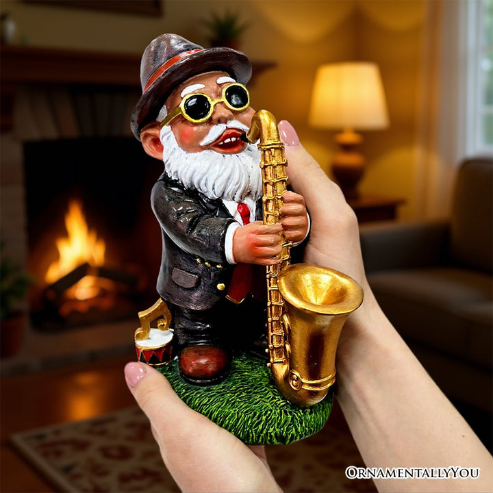 Jazzy Gnome Garden Statue, 8" Music Playing Dwarf Figurine Outdoor Decor Resin Statues OrnamentallyYou 