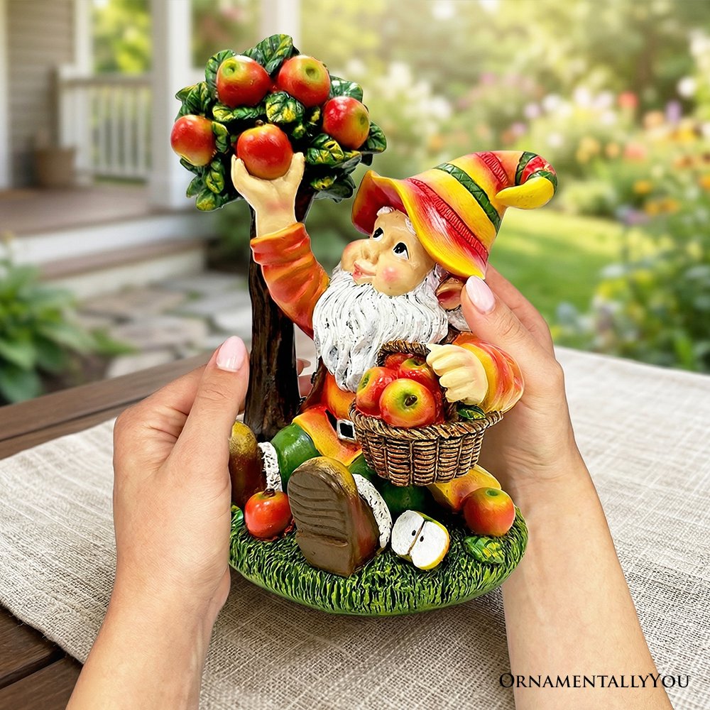 Johnny Apple Gnome Cute Garden Statue, 9" Orchid Picker Whimsical Dwarf Figurine Resin Statues OrnamentallyYou 
