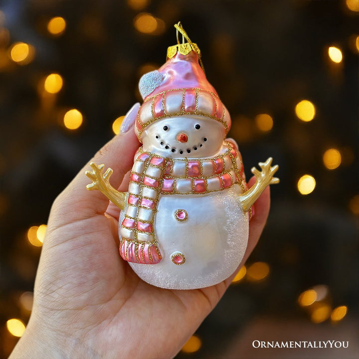 Pink Snowman Glass Ornament, Eclectic Christmas Tree Decor Glass Ornament OrnamentallyYou 