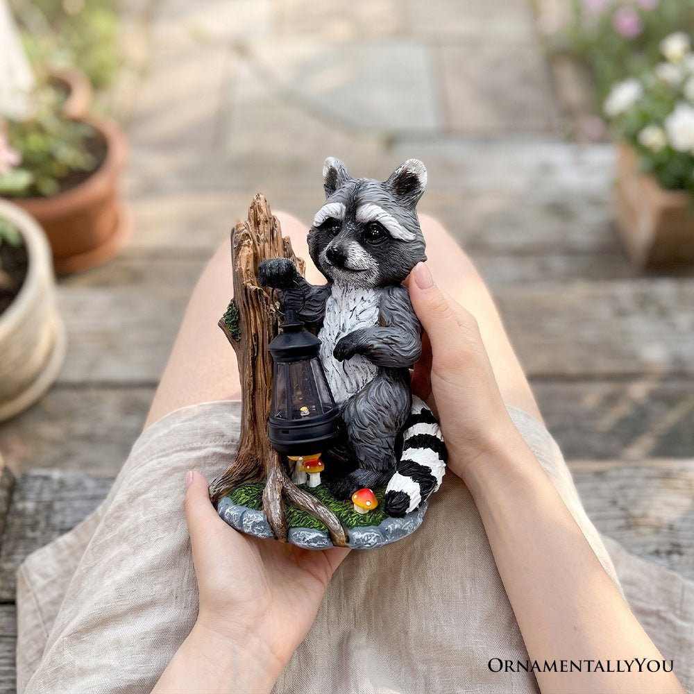Raccoon Solar Lamp Garden Statue, 9" Lighted Animal Figurine Outdoor Decor Resin Statues OrnamentallyYou 