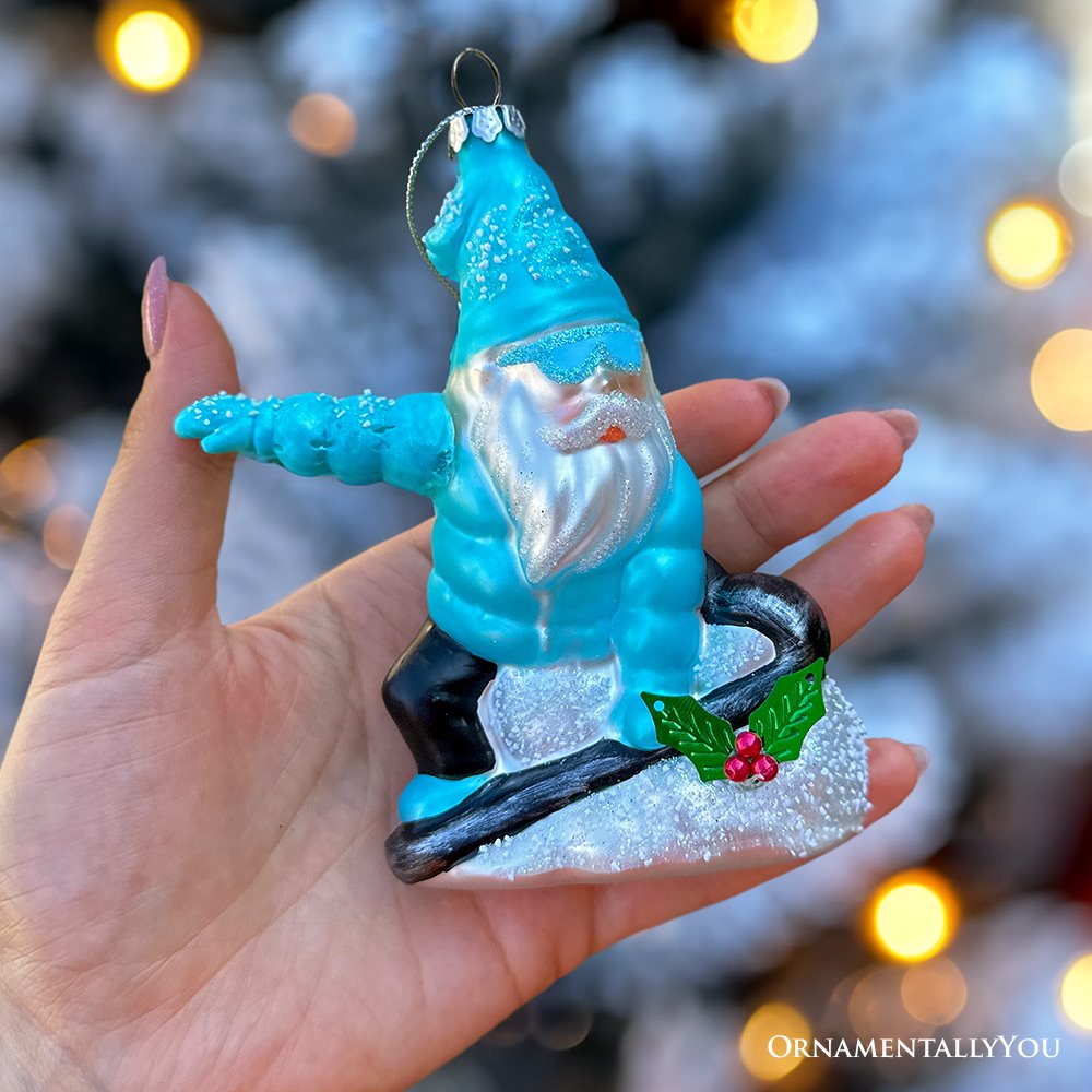 Snowboarding Gnome Glass Christmas Ornament, Winter Blue Aspen Tree Decor Glass Ornament OrnamentallyYou 