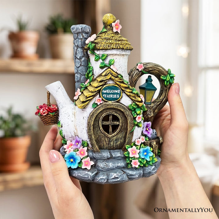 Solar Fairy Tea Pot House Garden Statue, 8" Lighted Mushroom Cottage Figurine Outdoor Decor Resin Statues OrnamentallyYou 