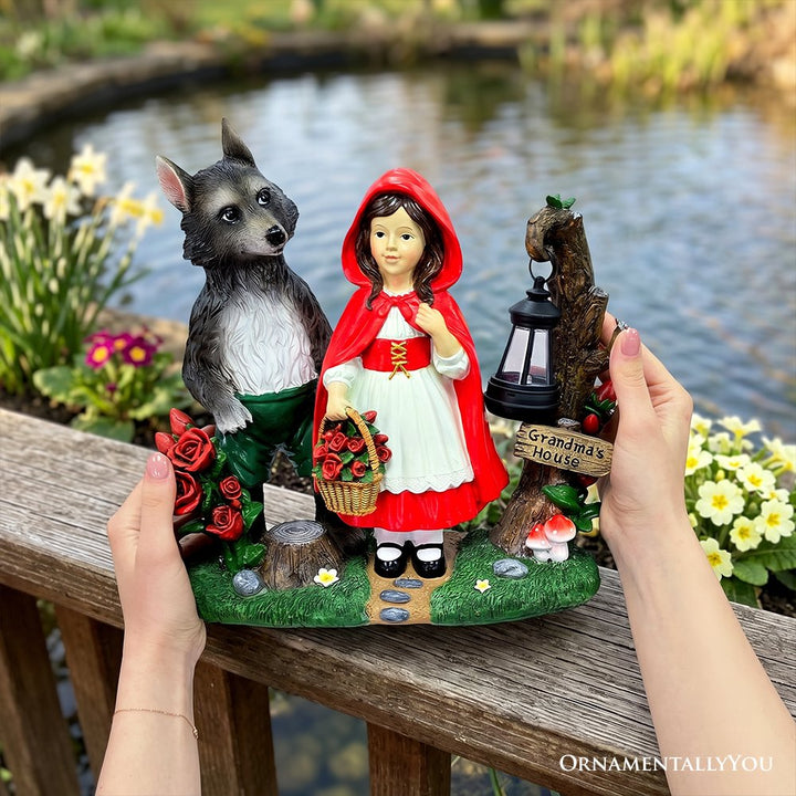 Solar Powered Little Red Riding Hood Garden Statue, 12" Lighted Fairy Tale Figurine Outdoor Decor Resin Statues OrnamentallyYou 