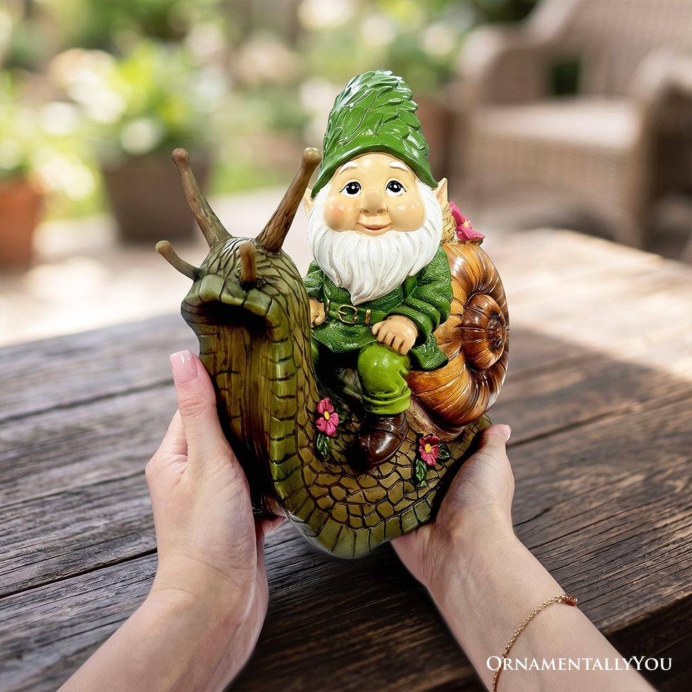 The Snailbound Gnome Cute Verdant Garden Statue, 10" Outdoor Yard or Forest Snail Decoration Resin Statues OrnamentallyYou 