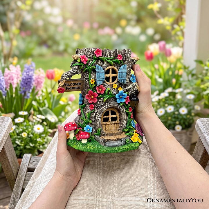Tree Trunk Fairy Solar House Garden Statue, 8" Lighted Woodland Cottage Figurine Outdoor Decor Resin Statues OrnamentallyYou 