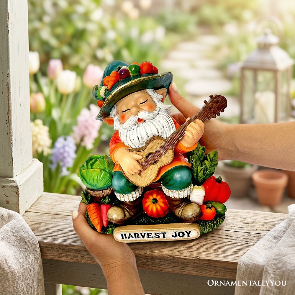 Veggie Farmer Gnome Figurine, 9" Ukulele Playing Vegetable Dwarf Garden Statue Resin Statues OrnamentallyYou 