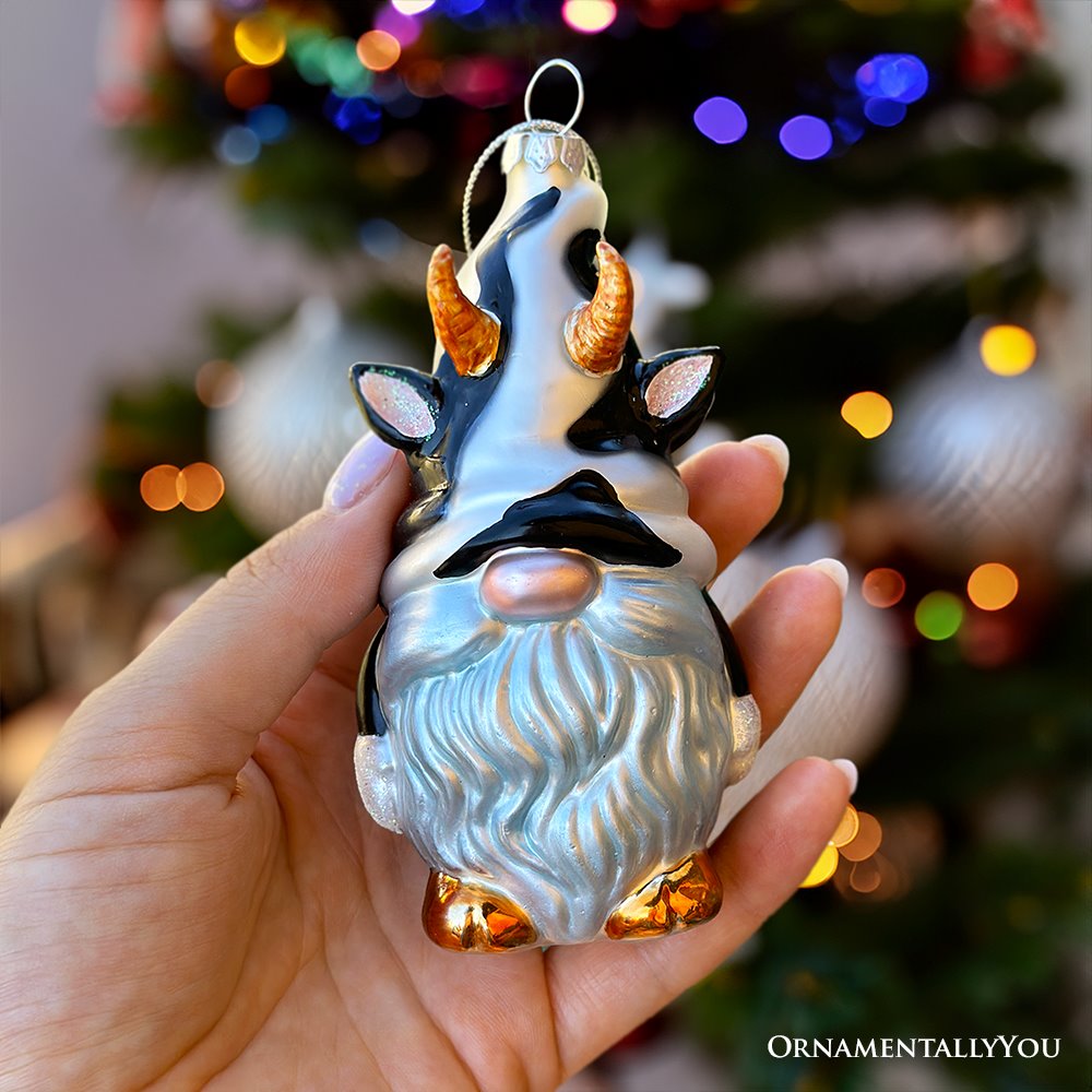 Whimsical Gnome Cow Handblown Glass Christmas Ornament, Cute Holiday Decor Glass Ornament OrnamentallyYou 