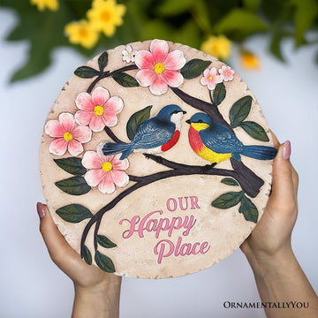 Blossoming Songbirds Positivity Stepping Stone, 9.5" Happiness Garden Decoration and Support Gift Resin Statues OrnamentallyYou 