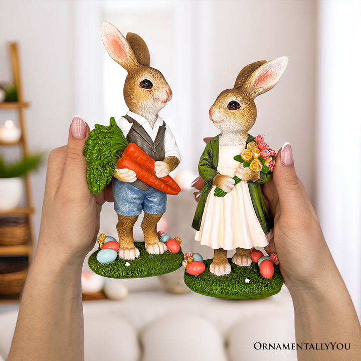 Harvest and Bloom Country Bunny Pair Figurine, 8" Rabbit Garden Statue Set