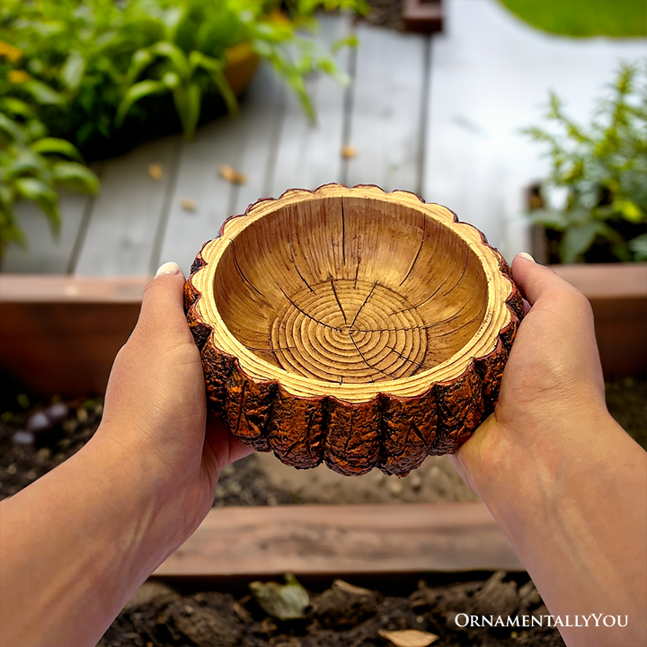 (Pre-Order) Nature's Basin Tree Bark Themed Bowl, 6" Resin Woodlandbasin Bird Bath Decor