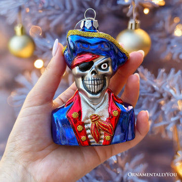 Fierce Pirate Skeleton Glass Ornament, Gothic Skull Ship Captain Spooky Decor Glass Ornament OrnamentallyYou 