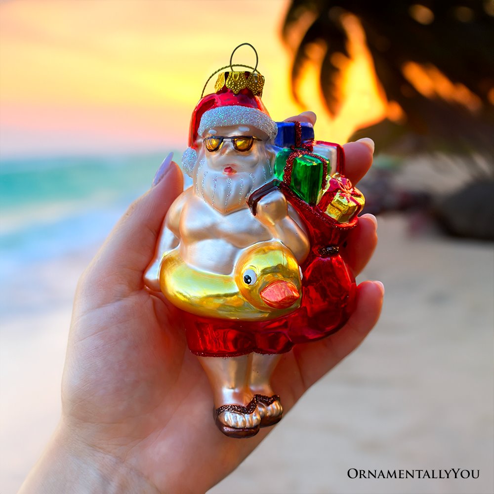 (Pre-Order) Santa on Summer Vacation in the Pool Quirky Glass Christmas Ornament, Rubber Duckey Tropical Holiday Decor Glass Ornament OrnamentallyYou 