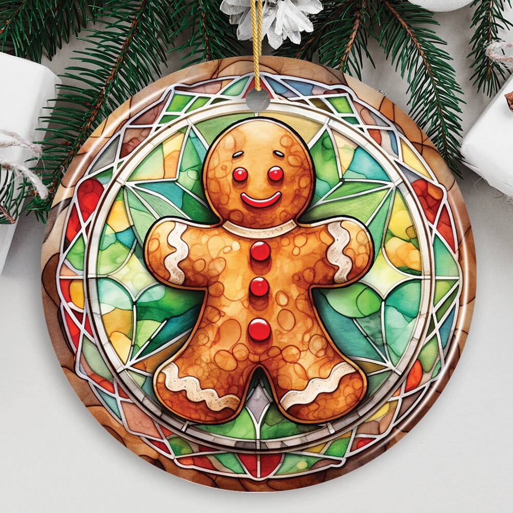 Handmade Gingerbread Man Stained Glass Style Ceramic Ornament, Christmas Gift and Decor Ceramic Ornament OrnamentallyYou Circle 