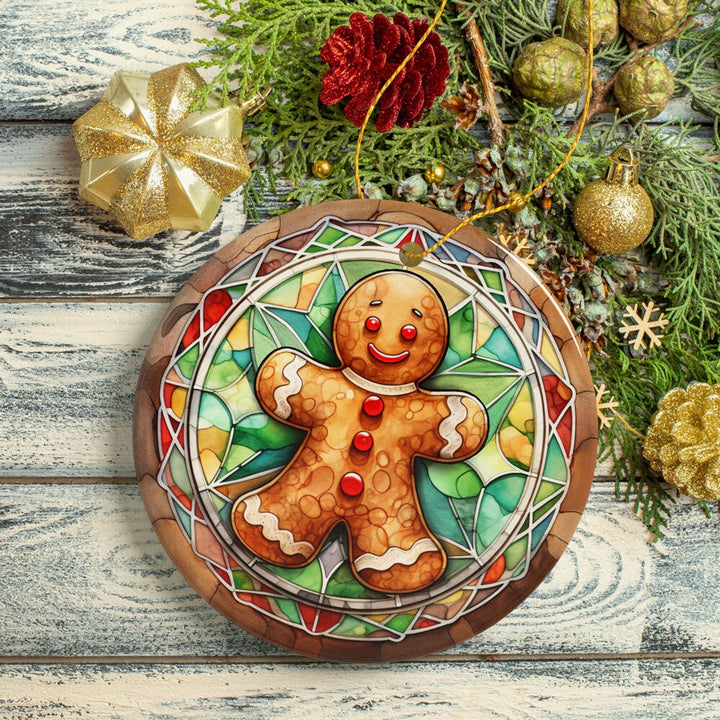 Handmade Gingerbread Man Stained Glass Style Ceramic Ornament, Christmas Gift and Decor Ceramic Ornament OrnamentallyYou 