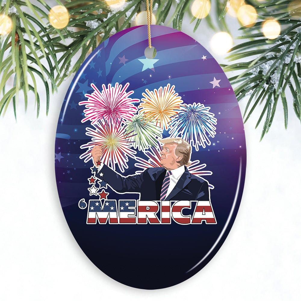 Merica Donald Trump Patriot with Fireworks Ornament Ceramic Ornament OrnamentallyYou Oval 