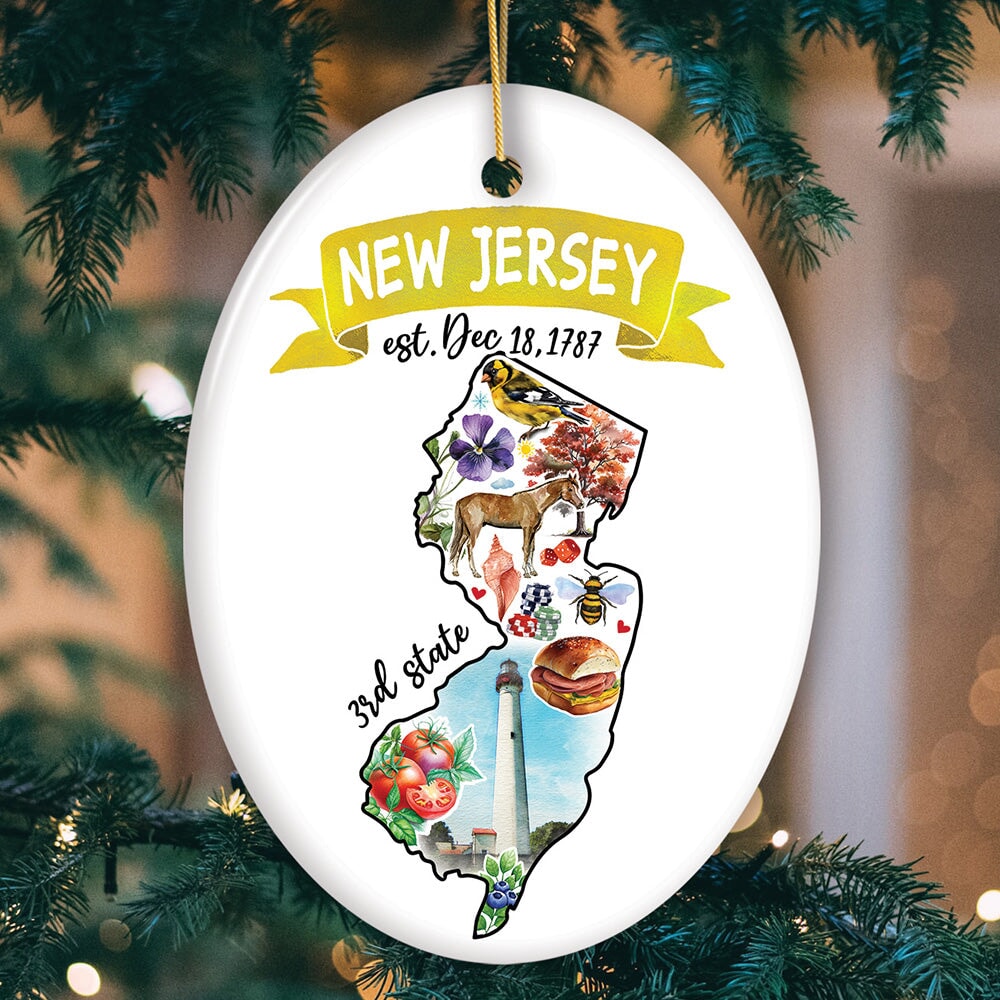 Artistic New Jersey State Themes and Landmarks Christmas Ornament Ceramic Ornament OrnamentallyYou Oval 