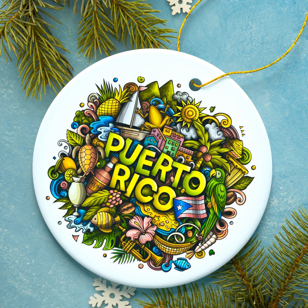 Puerto Rico Symbols Graphic Art on Ceramic Ornament | OrnamentallyYou