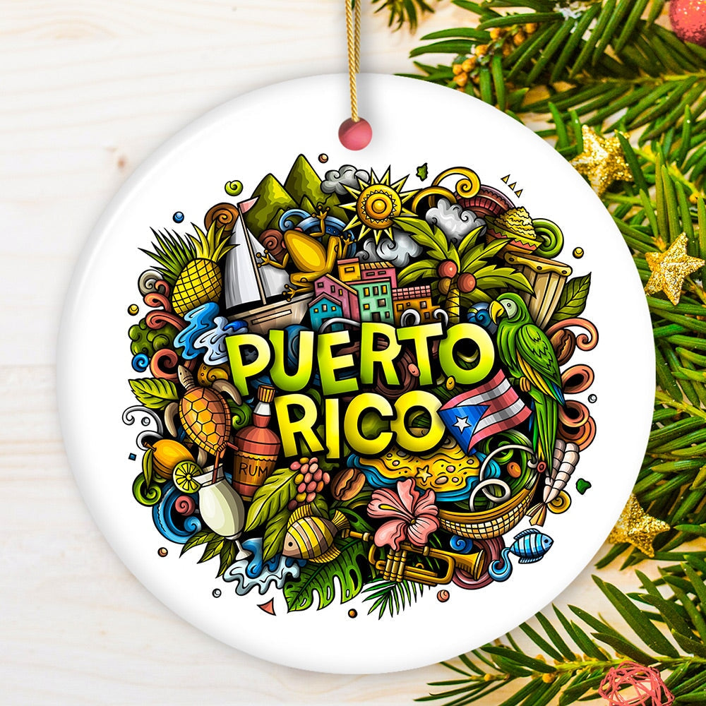 Puerto Rico Symbols Graphic Art for Souvenir Christmas Ornament Ceramic Ornament OrnamentallyYou Circle 