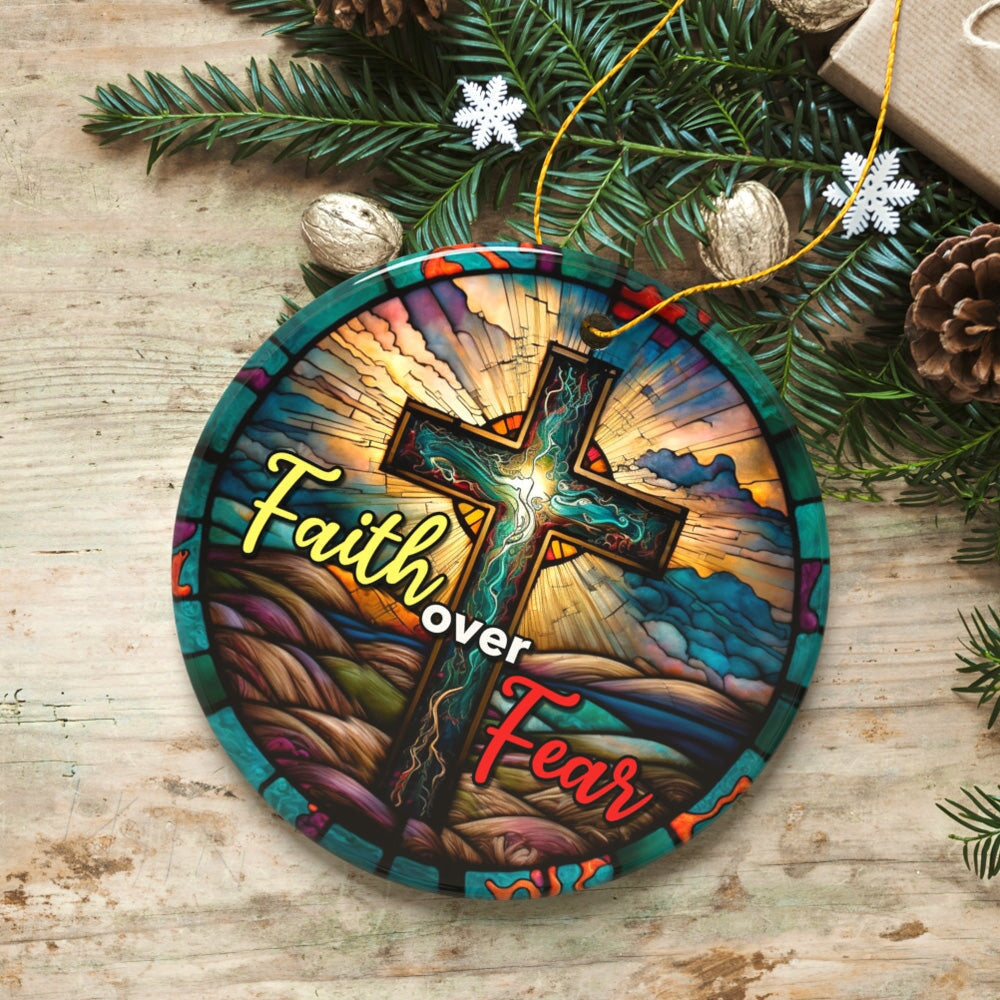 Religious Cross Jesus Stained Glass Art Ornament with Faith over Fear Quote Ceramic Ornament OrnamentallyYou 