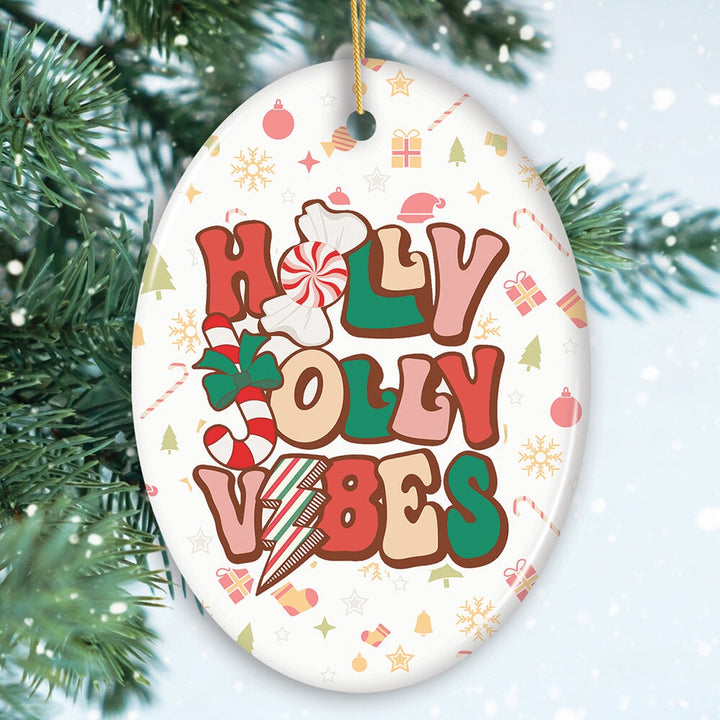 Retro Holly Jolly Vibes Throwback Christmas Ornament Ceramic Ornament OrnamentallyYou Oval 