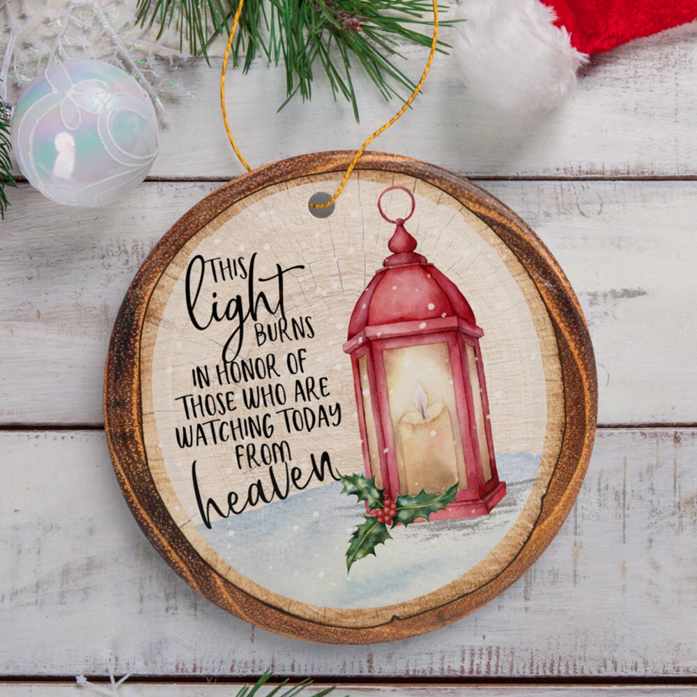 Vintage Lantern Memorial Heaven Quote Christmas Ornament, This Light Burns in Honor Ceramic Ornament OrnamentallyYou Circle Red 