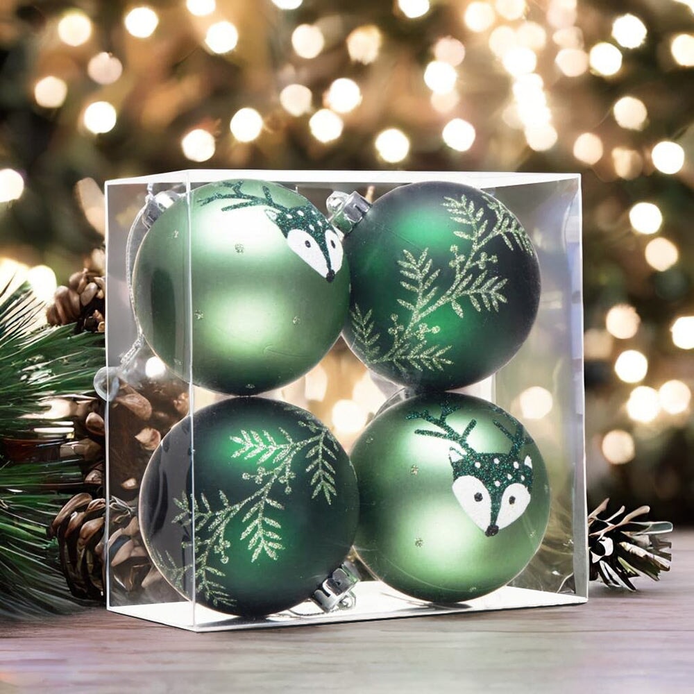 Unique Spruce Leaf and Woodland Deer Patterned Christmas Bauble Ball Set of Four, Glittered Light and Dark Green Ornaments Ornament Bundle OrnamentallyYou 