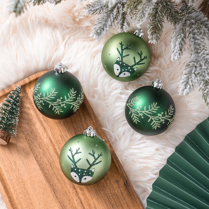 Unique Spruce Leaf and Woodland Deer Patterned Christmas Bauble Ball Set of Four, Glittered Light and Dark Green Ornaments Ornament Bundle OrnamentallyYou 