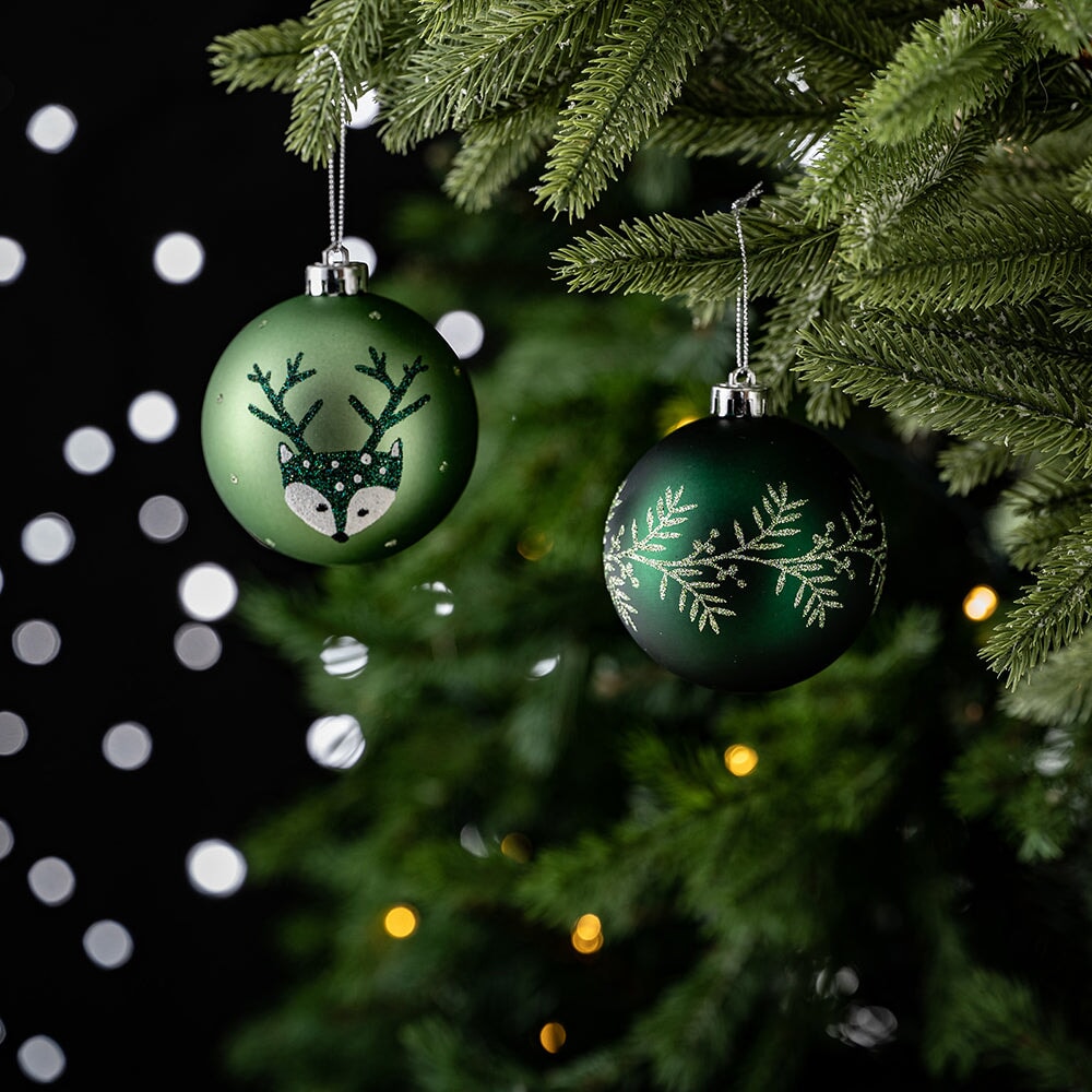 Unique Spruce Leaf and Woodland Deer Patterned Christmas Bauble Ball Set of Four, Glittered Light and Dark Green Ornaments Ornament Bundle OrnamentallyYou 