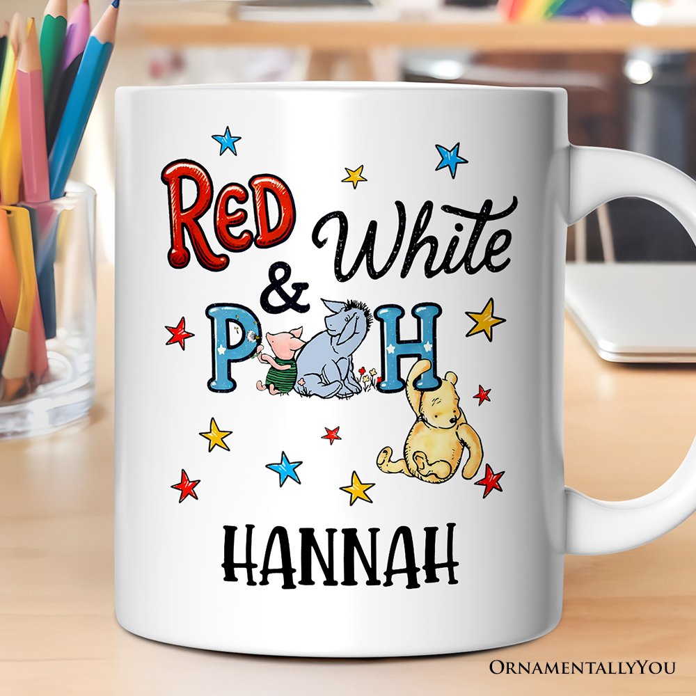 Patriotic 4th of July Winnie-the-Pooh Personalized Mug, 1926 A.A. Milne Red White & Proud Gift with Custom Name Personalized Ceramic Mug OrnamentallyYou White Customized 