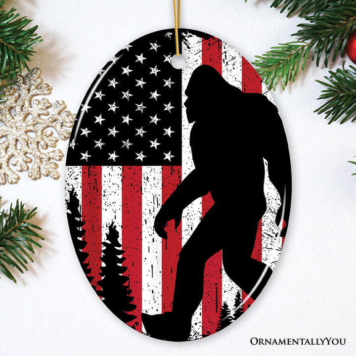 Bigfoot American Flag Ornament, Patriotic Sasquatch Gift and Tree Decor