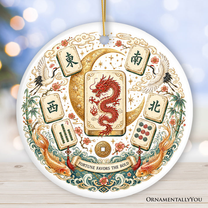 Artistic Mahjong Social Club and Dragon Tiles Ornament, Retro Chinese Table Game Holiday Keepsake