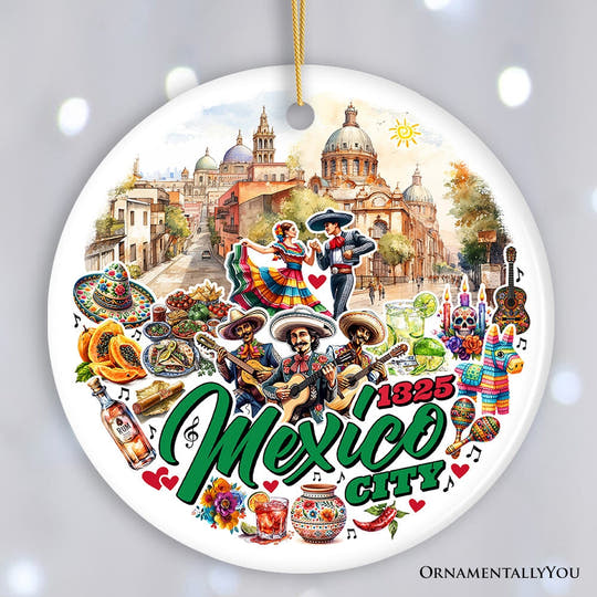 Colorful Traditional Mexico City Christmas Ornament, Cultural Mexican Christmas Gift and Travel Souvenir Ceramic Ornament OrnamentallyYou Circle Version 1 